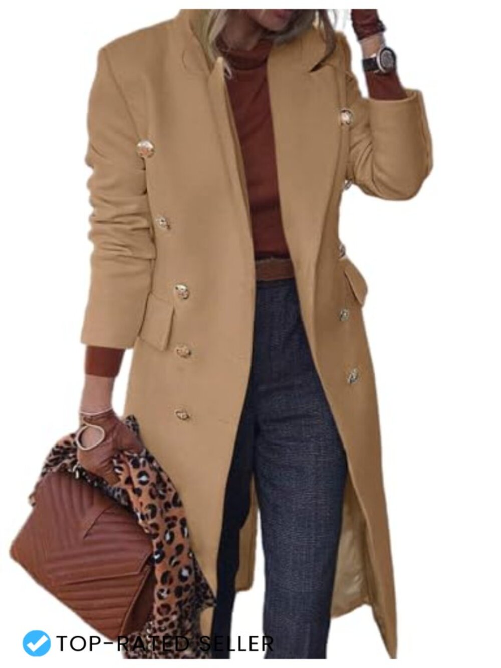 Wool Blend Double Breasted Trench Coat Long Peacoat Notch Lapel